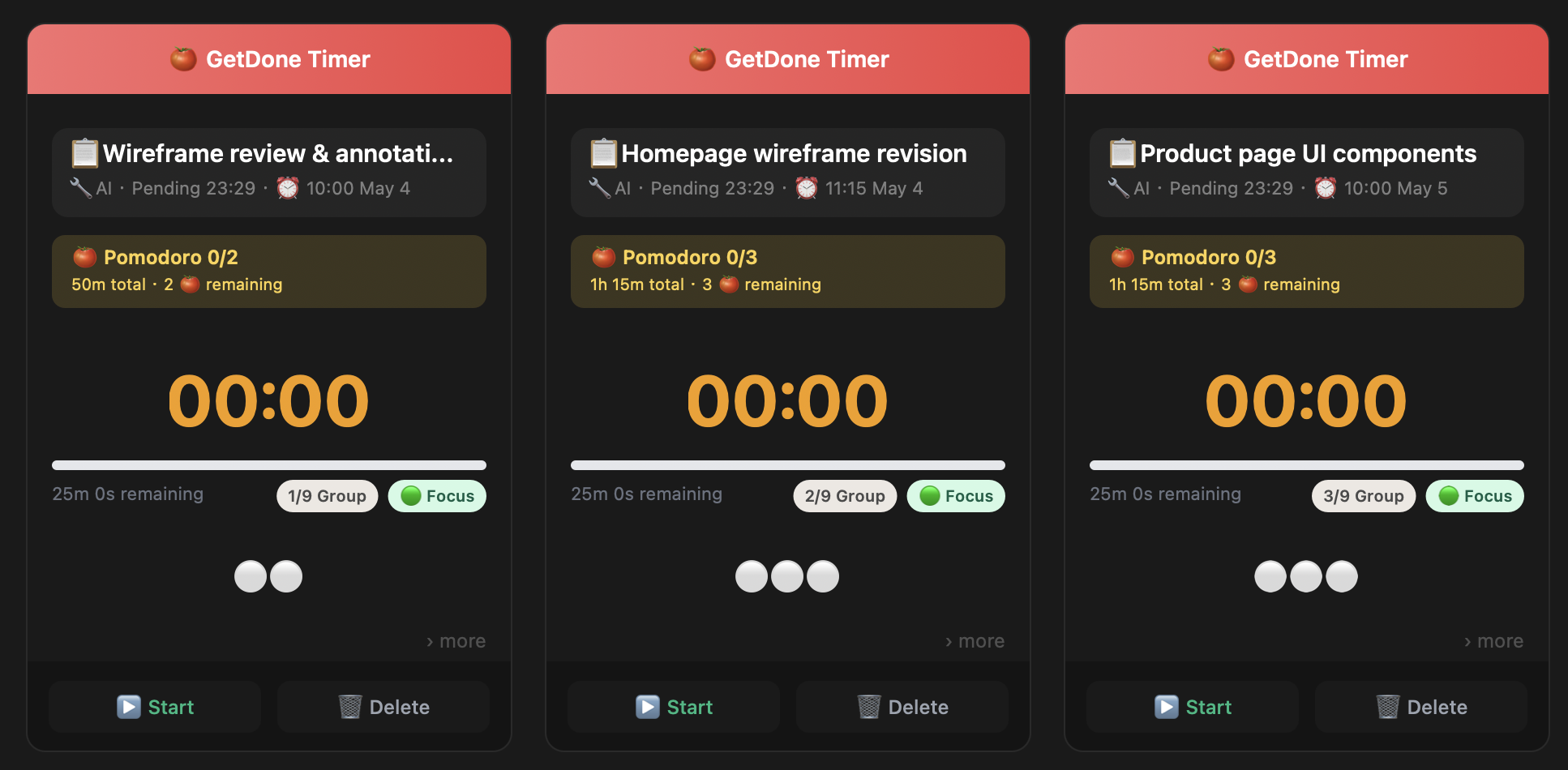 Client A cards — wireframe, homepage, product page